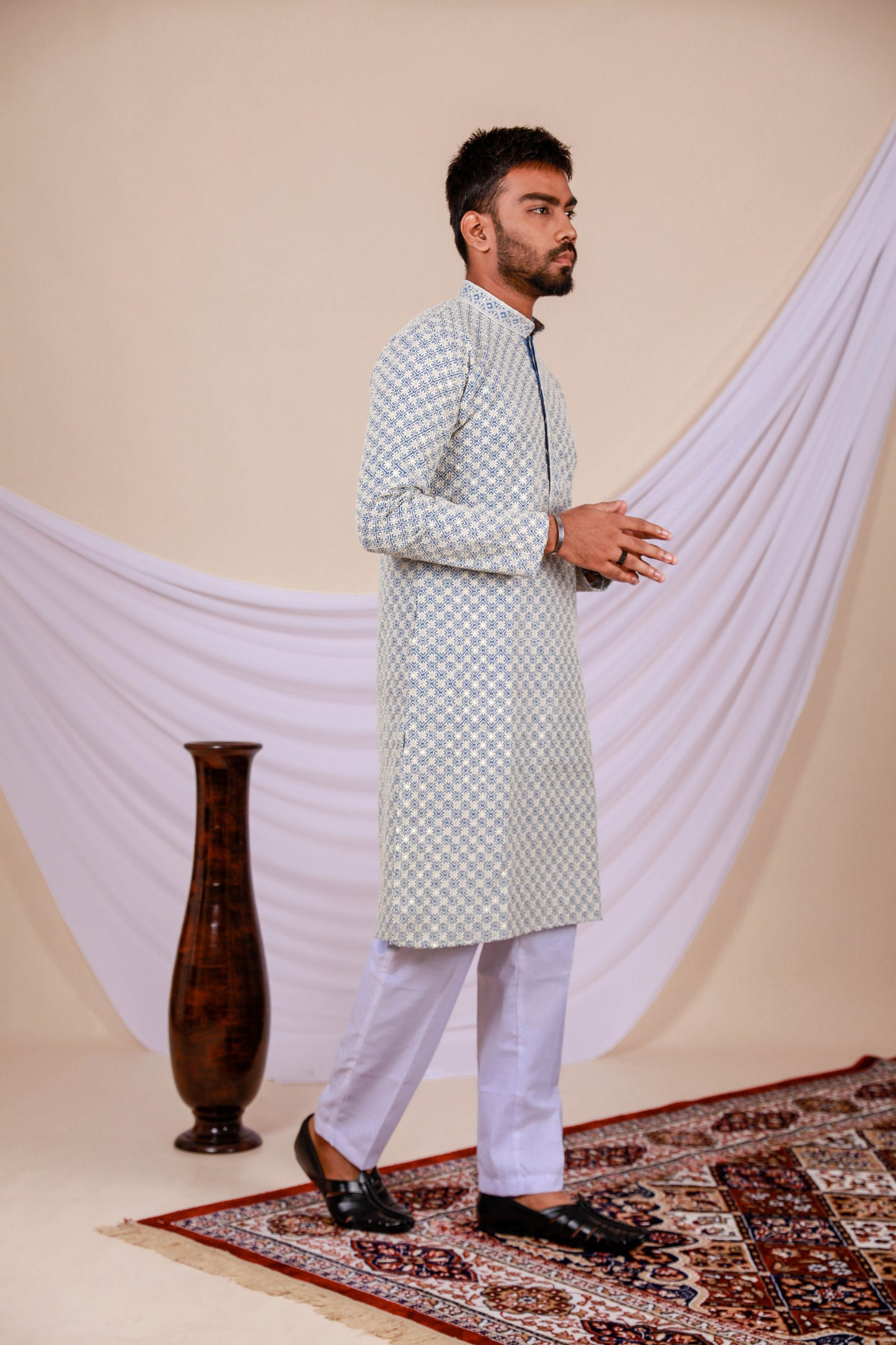 Light Blue Lucknowi Kurta with Embroidery Work (Only Kurta)