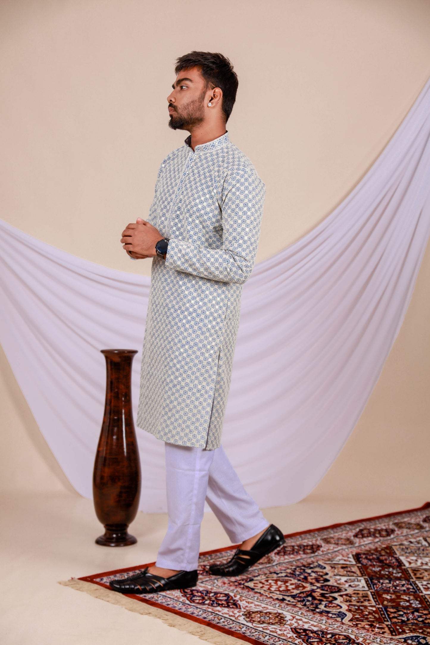 Light Blue Lucknowi Kurta with Embroidery Work (Only Kurta)