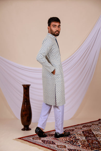 Light Blue Lucknowi Kurta with Embroidery Work (Only Kurta)