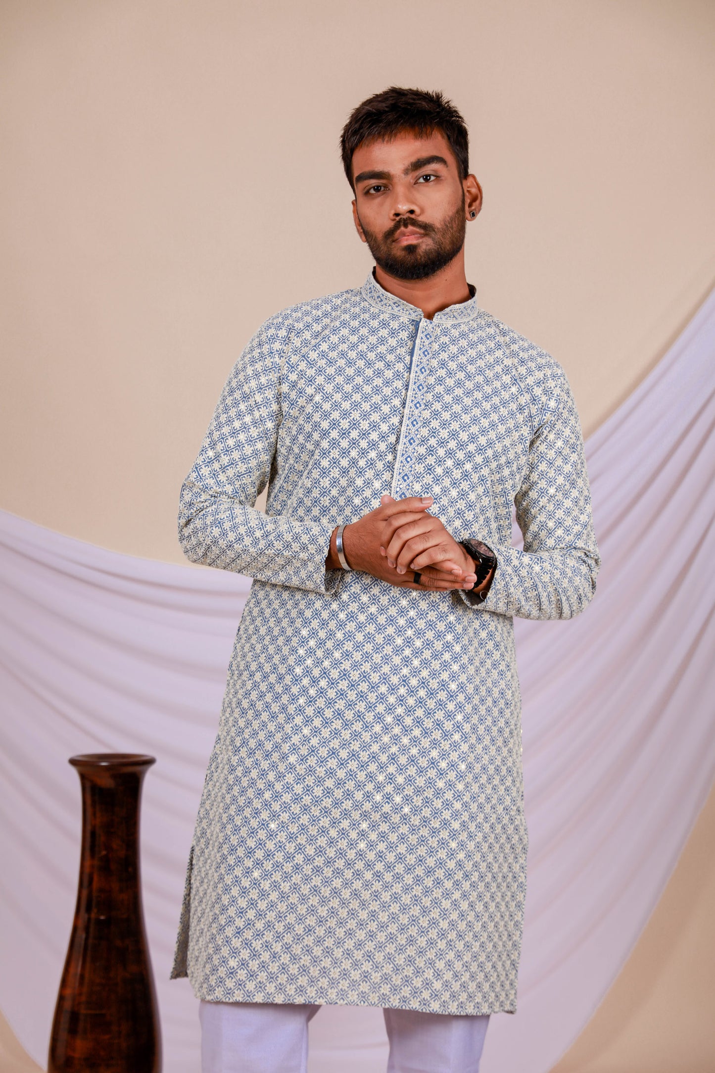 Light Blue Lucknowi Kurta with Embroidery Work (Only Kurta)