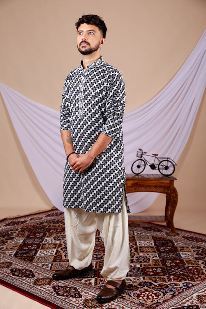 Black & White Printed Lucknowi kurta with Embroidery work (Only Kurta)