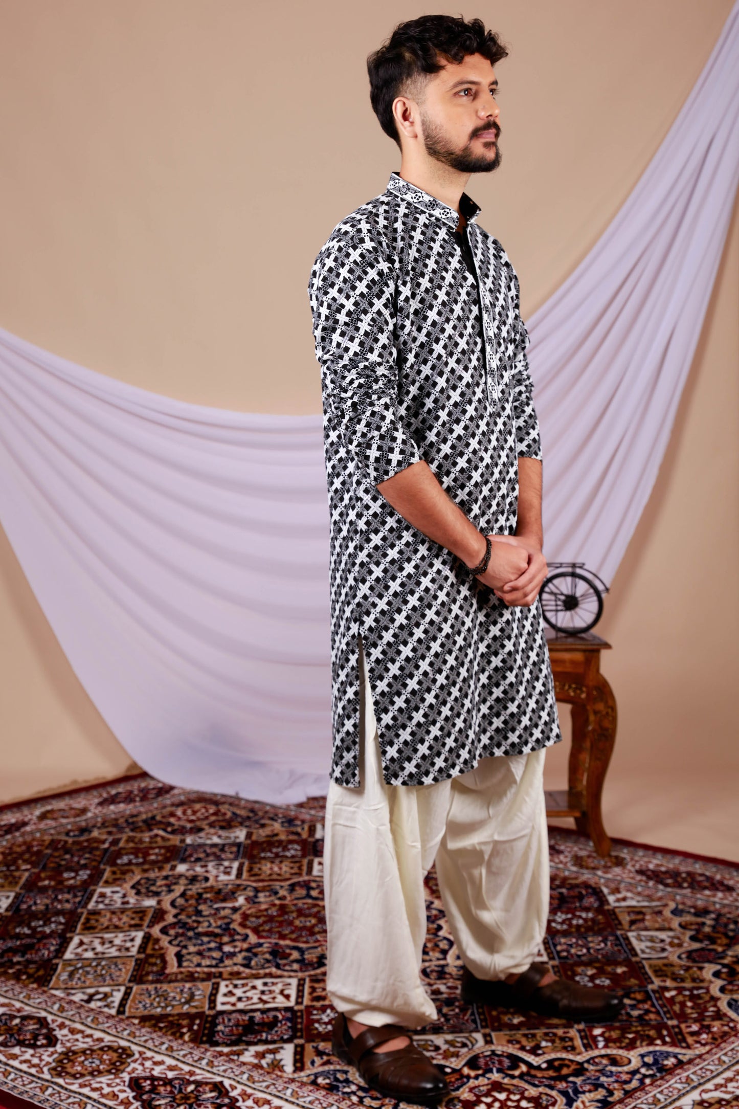 Black & White Printed Lucknowi kurta with Embroidery work (Only Kurta)