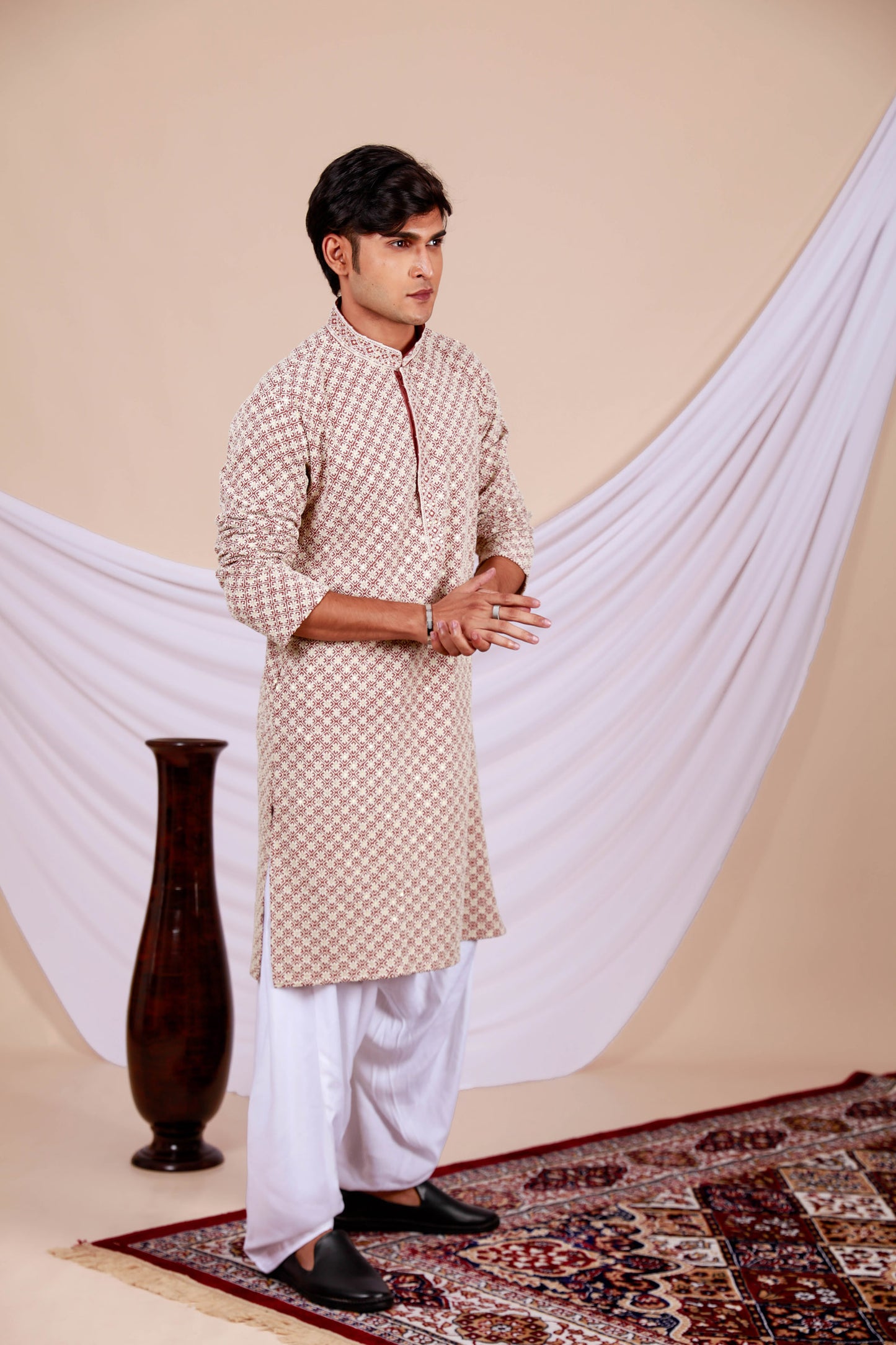 Brown Lucknowi kurta with Complete Embroidery Work (Only Kurta)