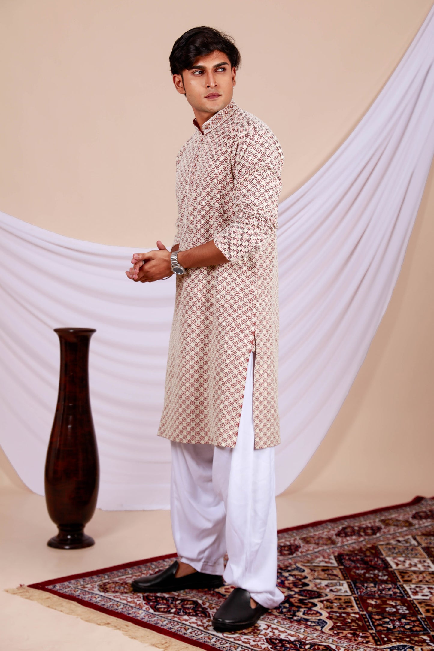 Brown Lucknowi kurta with Complete Embroidery Work (Only Kurta)