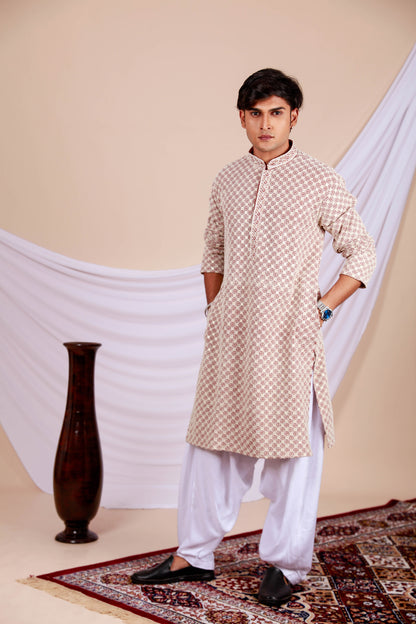 Brown Lucknowi kurta with Complete Embroidery Work (Only Kurta)