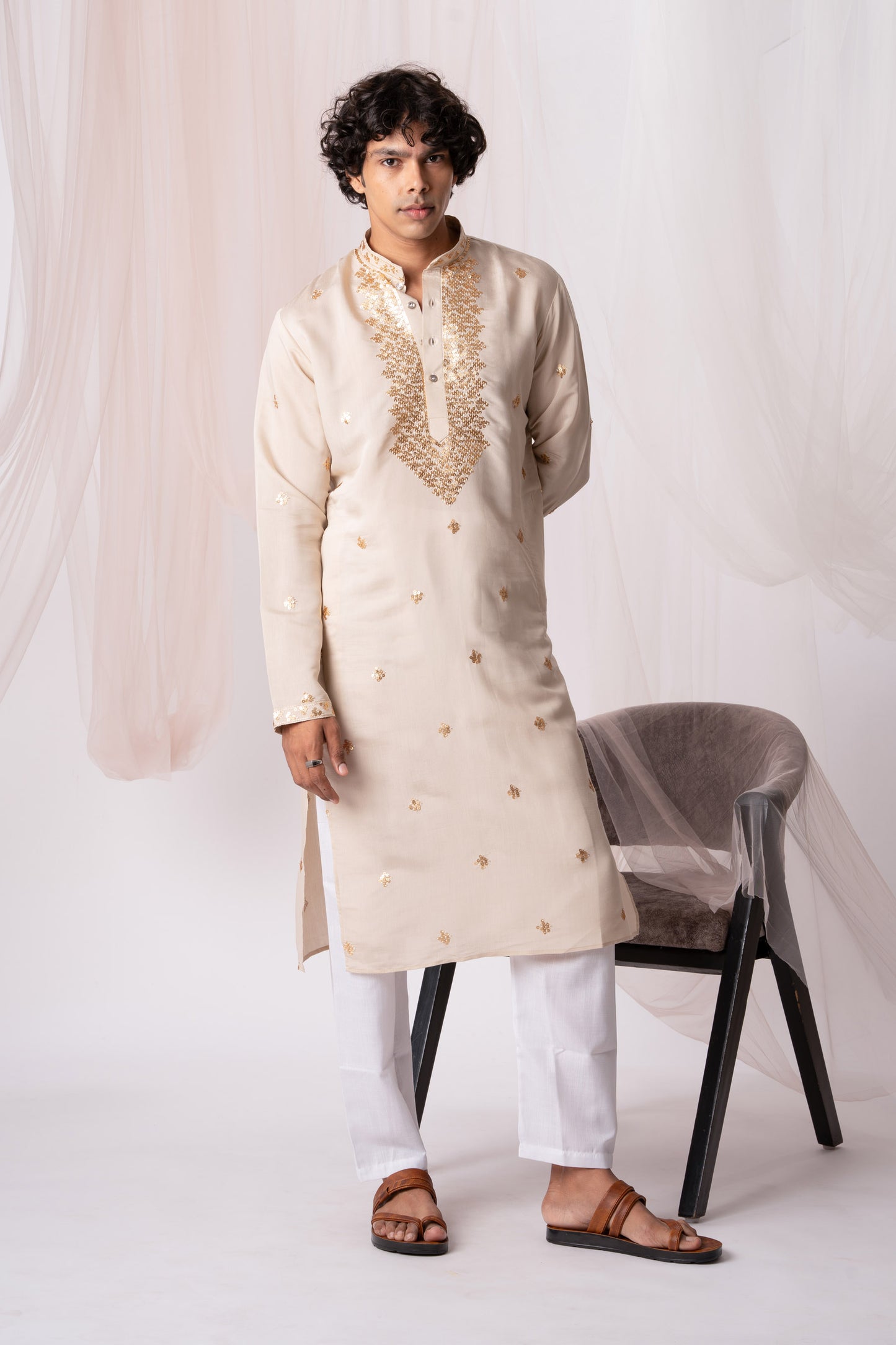 Almond Brown Embroidery Kurta with Jari Work for men (Only Kurta)