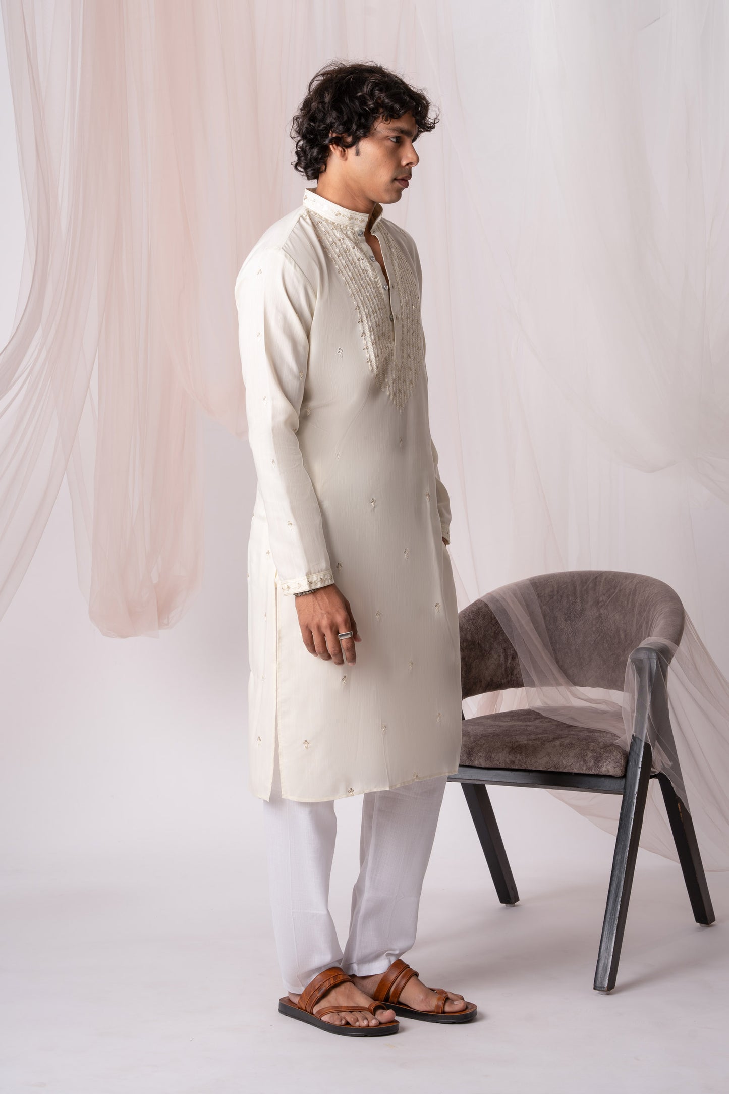 Off white Embroidery Kurta with Jari Work for men (Only Kurta)