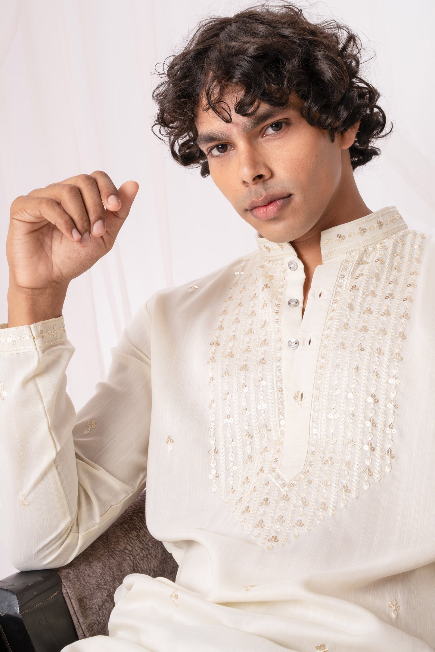 Off white Embroidery Kurta with Jari Work for men (Only Kurta)