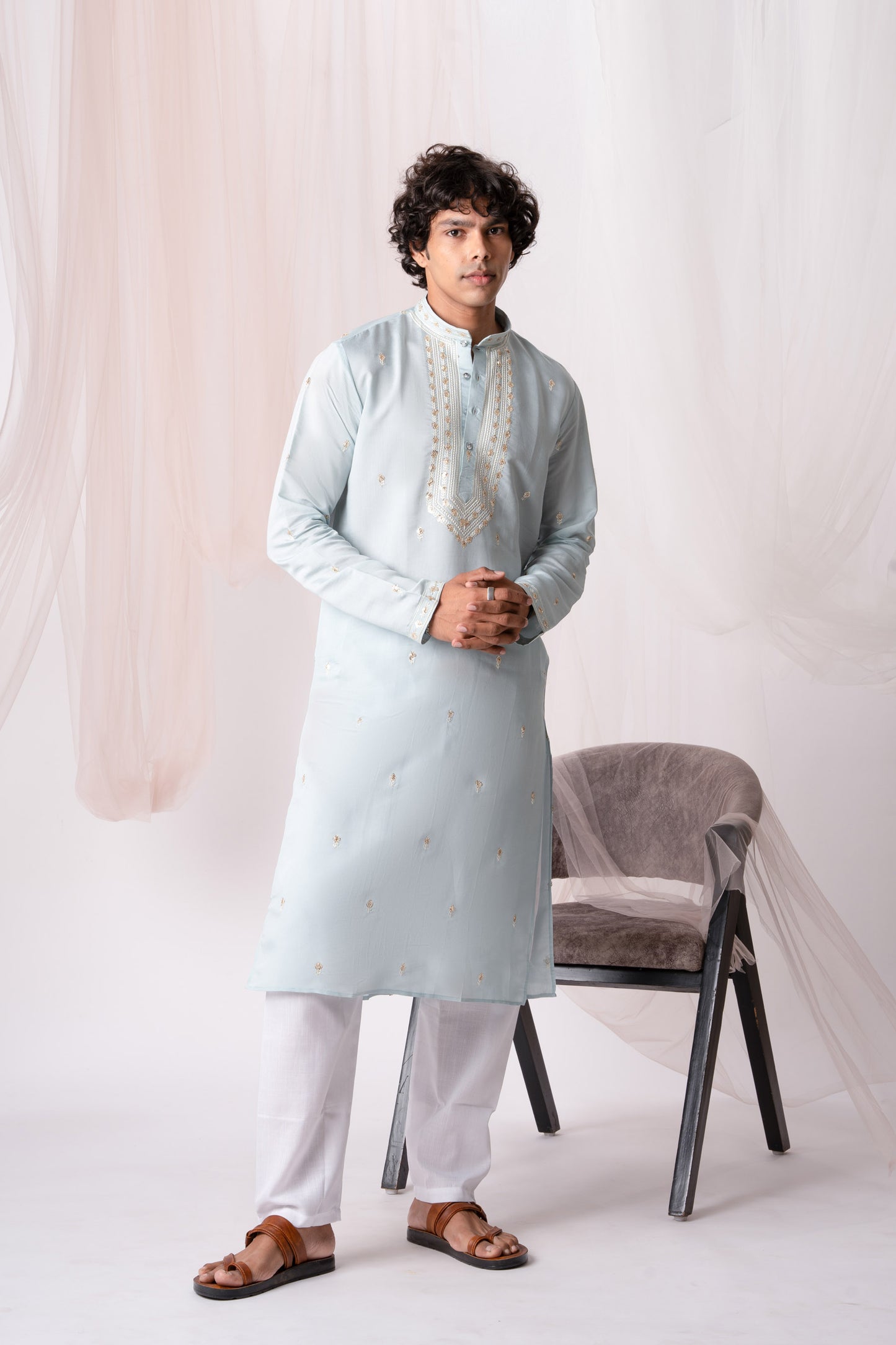 Light Blue Embroidery Kurta with Jari Work for men (Only Kurta)