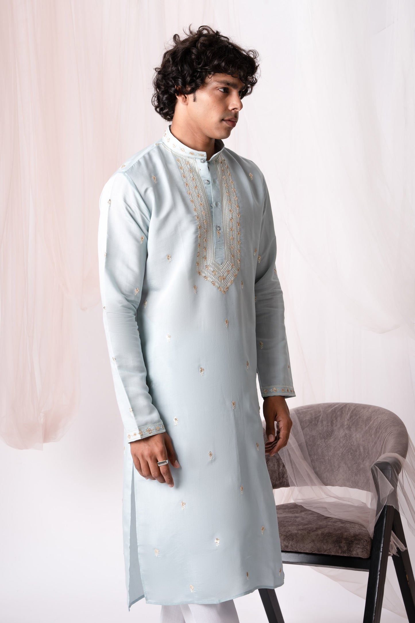 Light Blue Embroidery Kurta with Jari Work for men (Only Kurta)