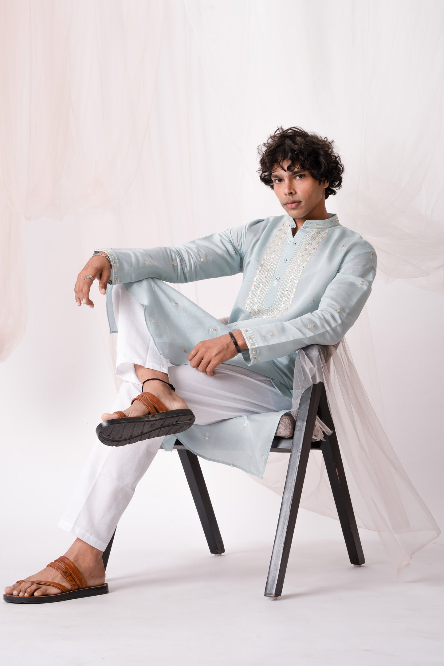 Light Blue Embroidery Kurta with Jari Work for men (Only Kurta)