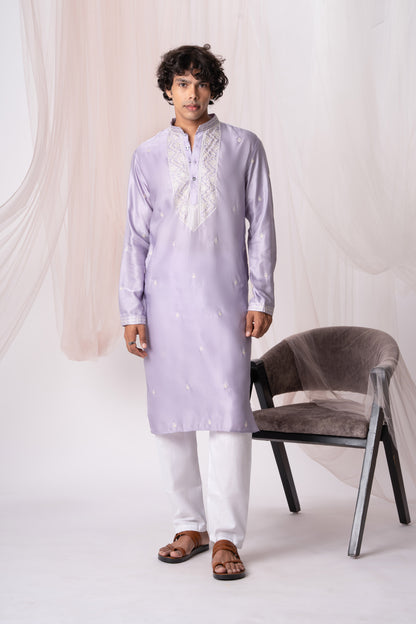 Light Purple Embroidery Kurta with Jari Work for men (Only Kurta)