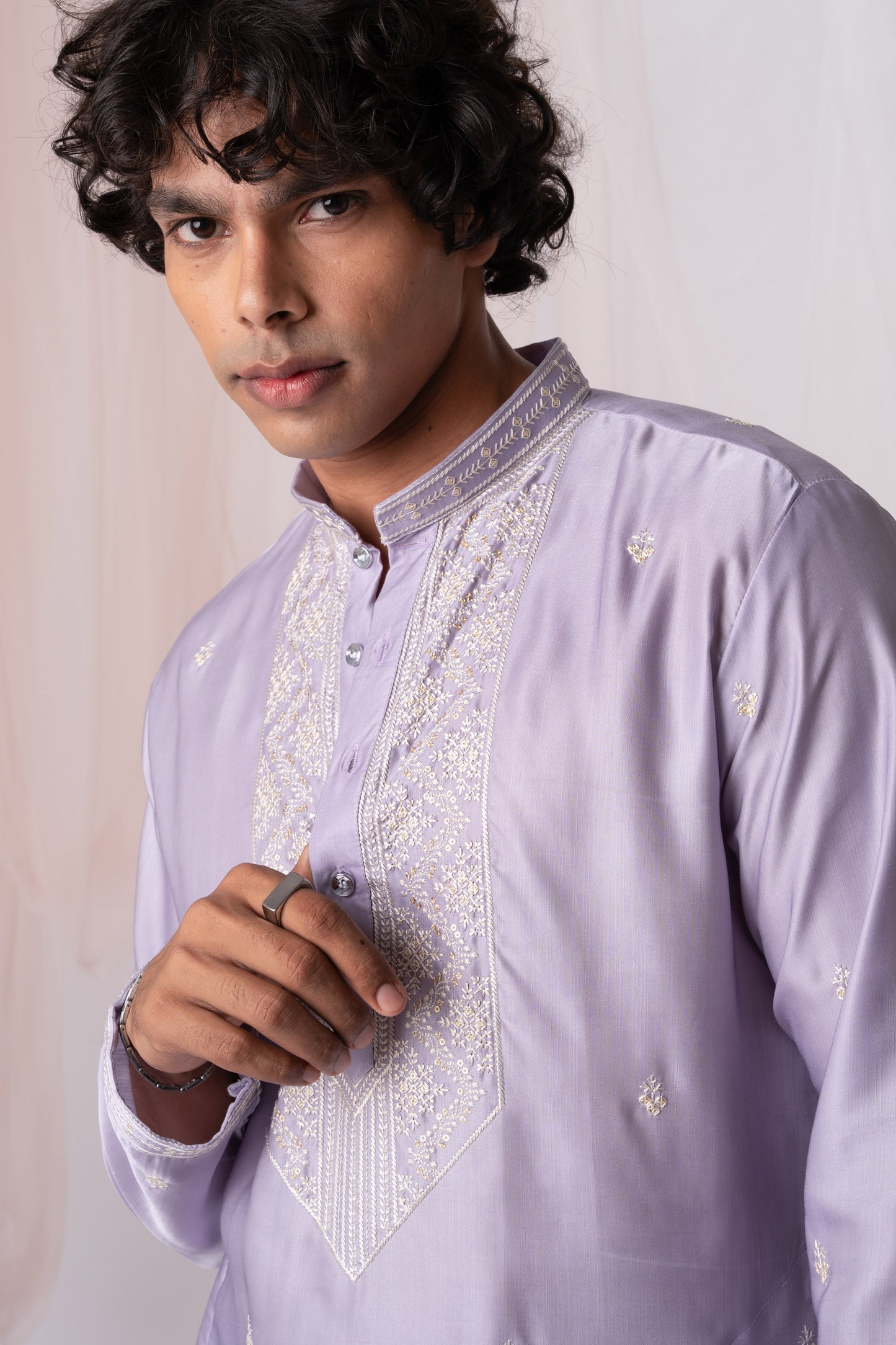 Light Purple Embroidery Kurta with Jari Work for men (Only Kurta)