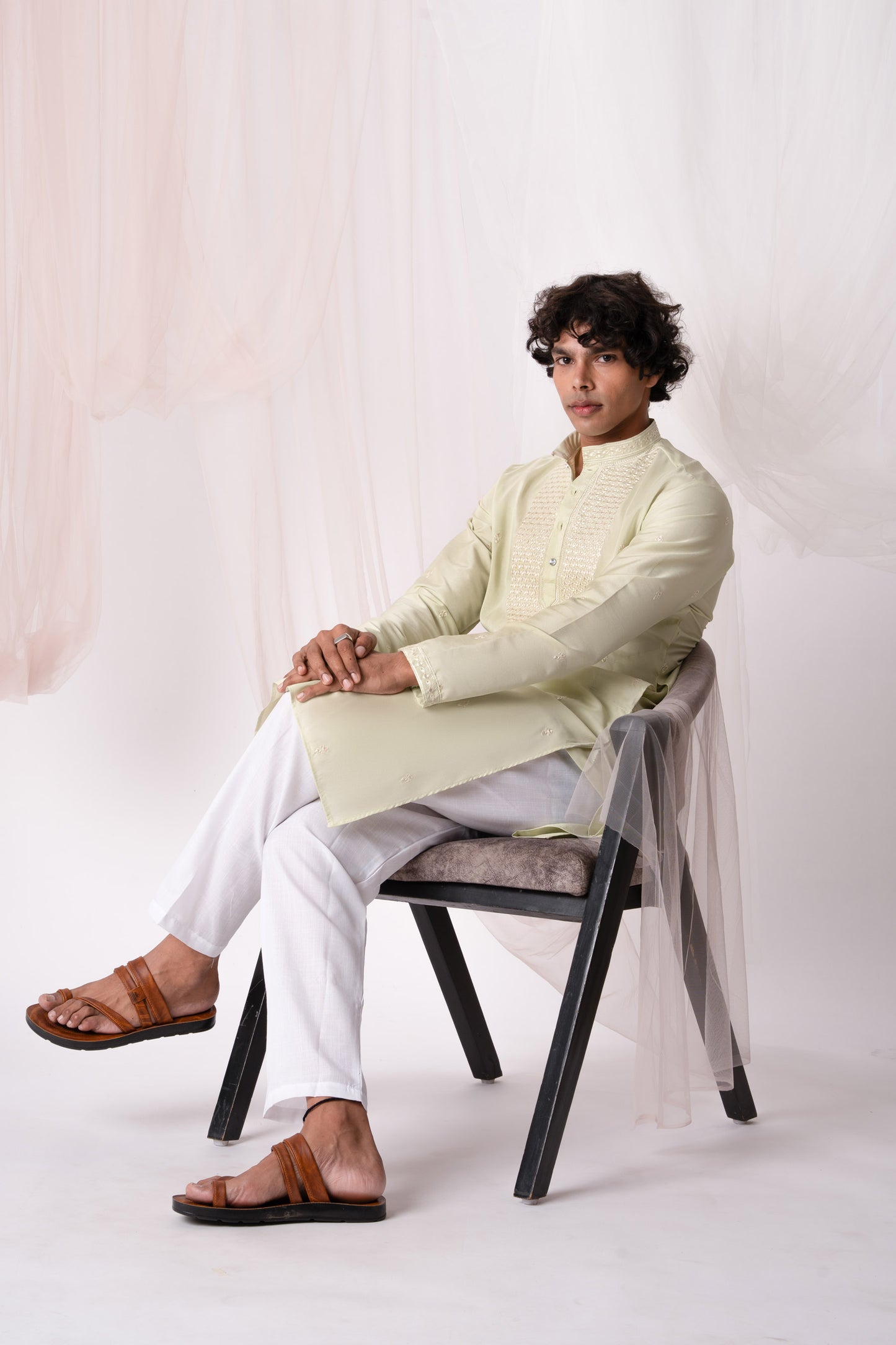 Light Green Embroidery Kurta with Jari Work for men (Only Kurta)