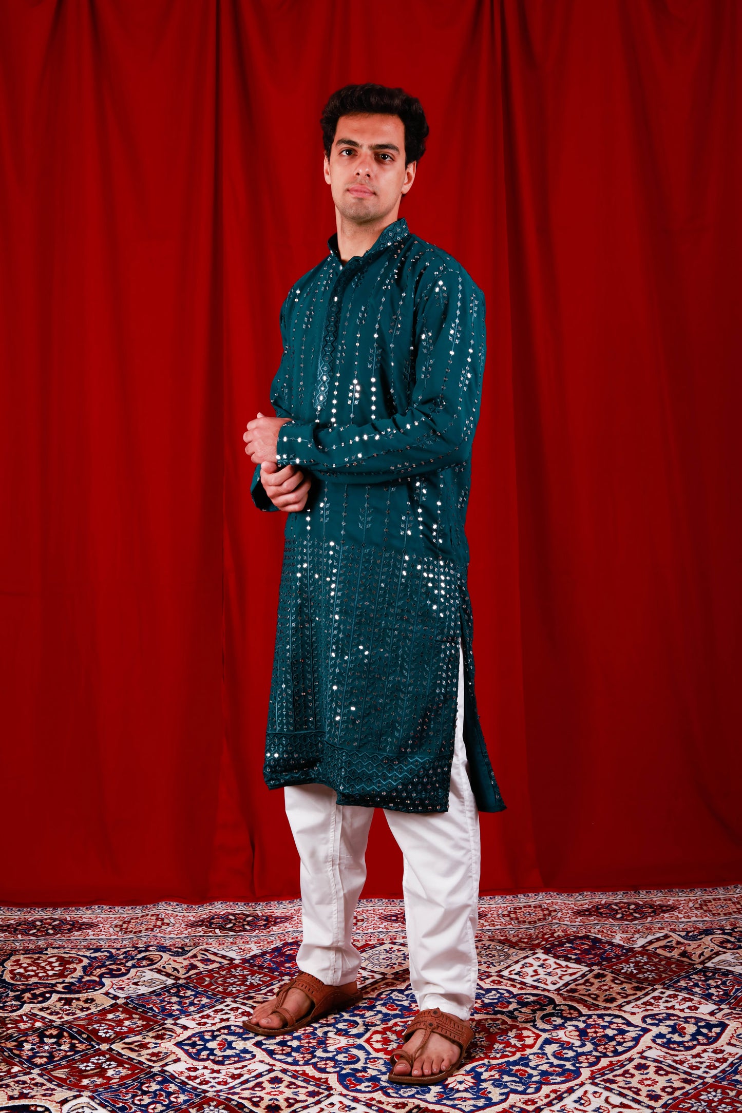 Teal Sequin Embroidered Lucknowi Kurta