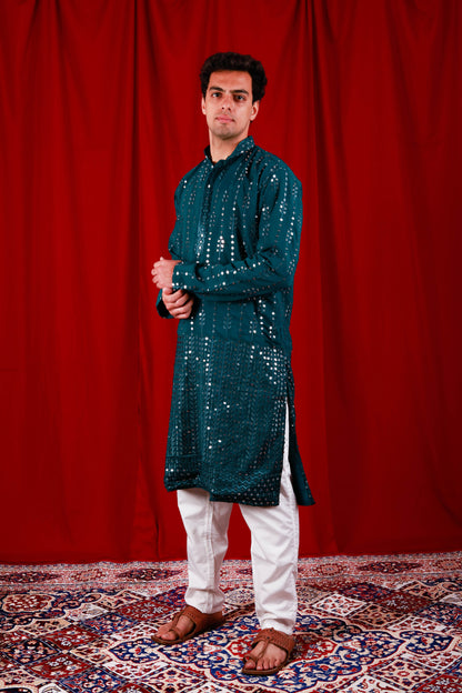 Teal Sequin Embroidered Lucknowi Kurta