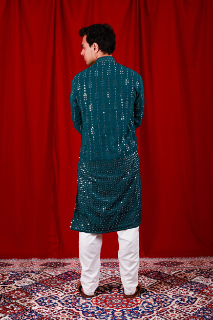 Teal Sequin Embroidered Lucknowi Kurta