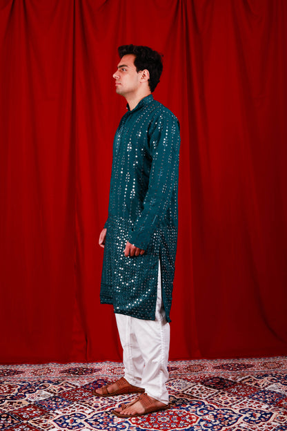 Teal Sequin Embroidered Lucknowi Kurta