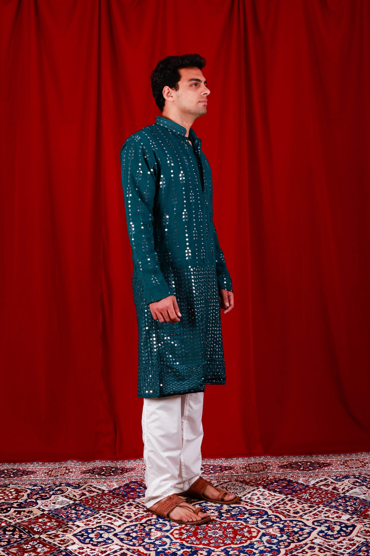 Teal Sequin Embroidered Lucknowi Kurta