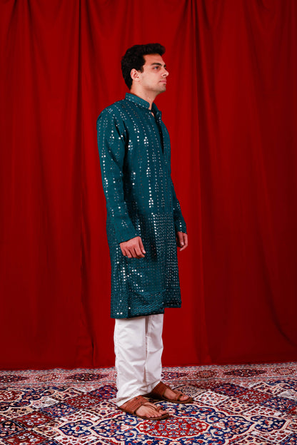 Teal Sequin Embroidered Lucknowi Kurta