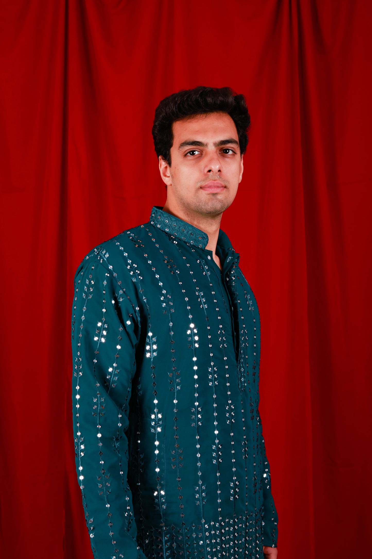 Teal Sequin Embroidered Lucknowi Kurta