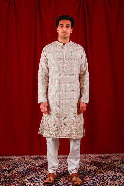 Beige Mirror-Work Lucknowi Kurta