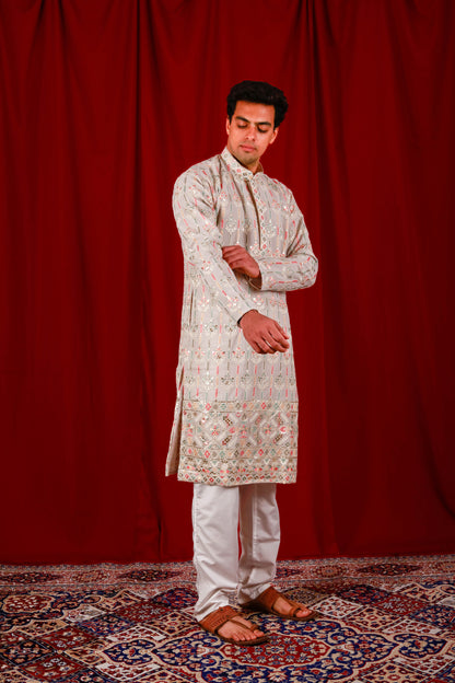 Beige Mirror-Work Lucknowi Kurta