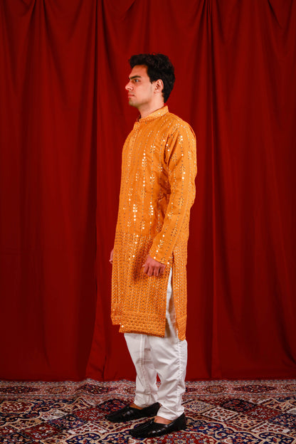 Occur Yellow Floral Embroiderd Kurta With Jari