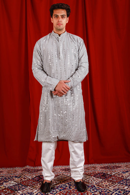 Grey Floral Embroiderd Kurta With Jari