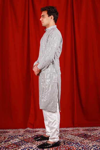 Grey Floral Embroiderd Kurta With Jari