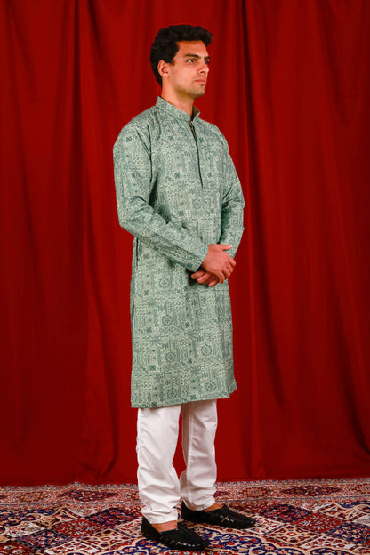 Green Embroidered Kurta With Floral Designs